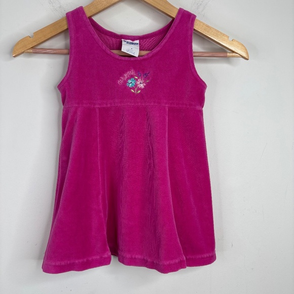 Vintage 90s OshKosh Terry Dress 4 Pink Velour Floral Embroidered Retro USA Beach